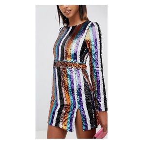 High Neck Striped Sequin Mini Dress w/Side Split